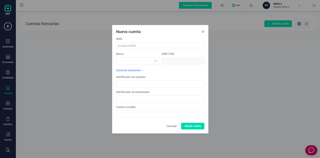 Añadir una cuenta bancaria en FinanEDI