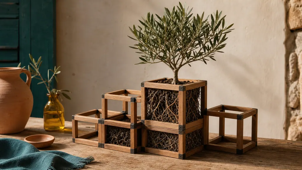 Olivo joven sostenido por una estructura modular con espacio para crecer