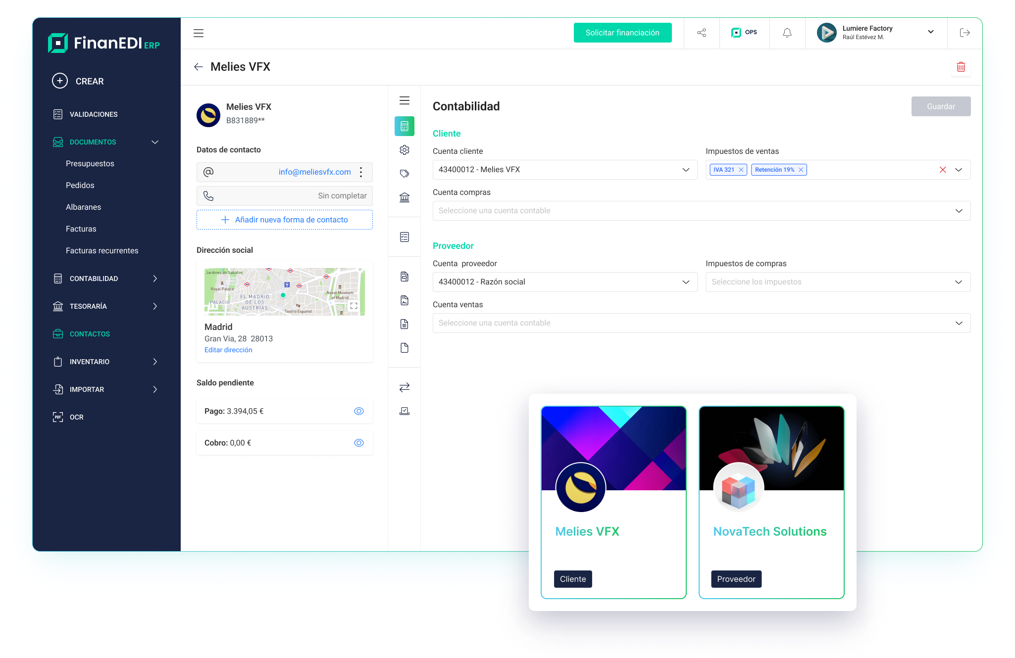 Vista de contactos y proveedores en FinanEDI