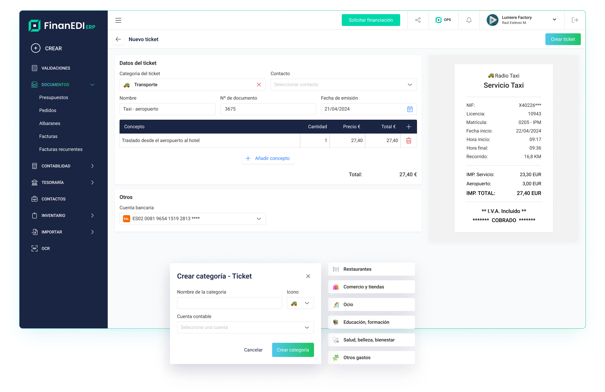 Vista de tickets y gastos en FinanEDI