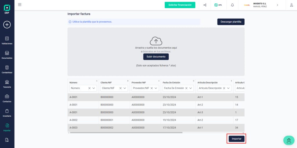 Importa facturas Excel
